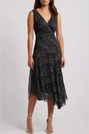 Connected Apparel Floral Asymmetric Hem Chiffon Midi Dress in at Nordstrom, Size 10