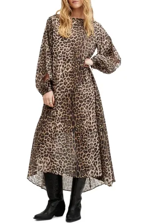 AllSaints Jane Long Sleeve Leopard Print Dress in at Nordstrom, Size 4 Us