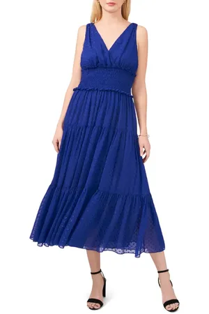 Chaussmoi Smocked Clip Dot Chiffon Midi Dress in at Nordstrom, Size Small