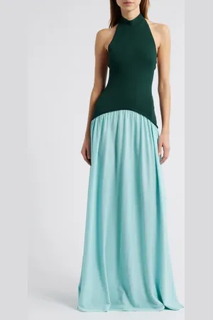 Solid Soglio Colorblock Halter Maxi Dress in Evergreen /Sky at Nordstrom, Size Large