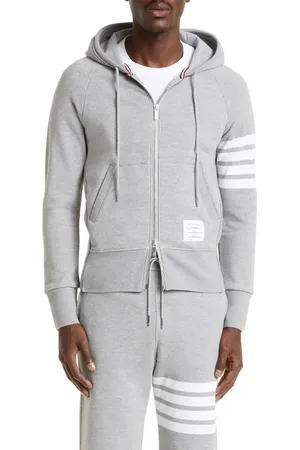 Thom Browne Classic 4-Bar Zip Cotton Hoodie in Heather Grey /White at Nordstrom, Size 0