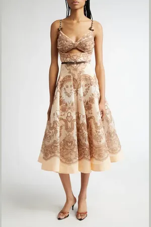 ZIMMERMANN Locket Print Twist Front Belted Silk & Linen Organza Midi Dress in at Nordstrom, Size 2