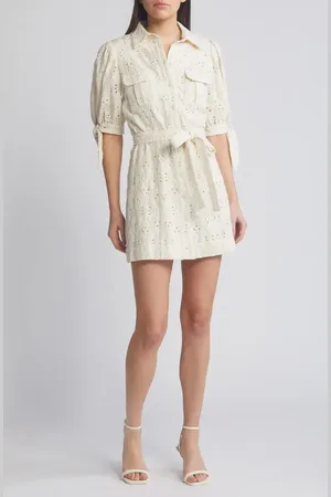 En Saison Cordelia Cotton Eyelet Short Sleeve Mini Shirtdress in at Nordstrom, Size Small