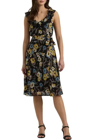 Ralph Lauren Floral Belted Crinkle Georgette Dress in at Nordstrom, Size 2