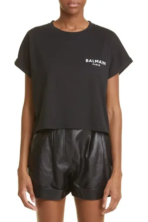 Balmain Flocked Logo Crop T-Shirt in at Nordstrom, Size X-Small