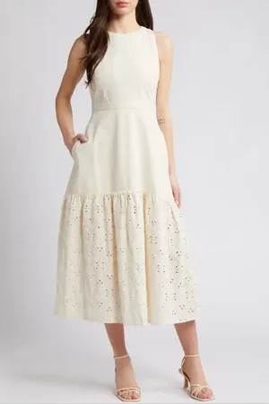 En Saison Cordelia Mixed Media Cotton & Linen Midi Dress in at Nordstrom, Size X-Small