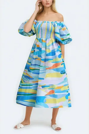 Jessie Zhao New York Landscape Smocked Cotton Silk Dress in Blue /Yellow at Nordstrom, Size Medium