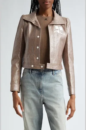Courrèges Reedition Check Coated Jacket in Brown /White at Nordstrom, Size 6 Us