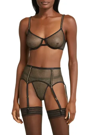 Coquette Shimmery Fishnet Thong & Garter Belt Set in at Nordstrom, Size Small