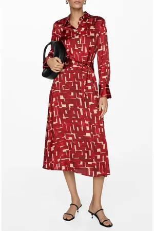 MANGO Print Tie Waist Long Sleeve Maxi Shirtdress in at Nordstrom, Size 4