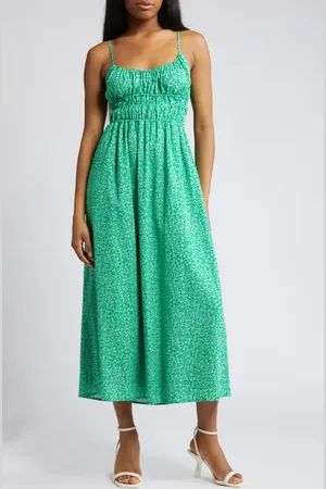 Charles Henry Floral Print Shirred Linen Blend Midi Dress in at Nordstrom, Size Large