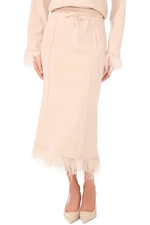 Vince Camuto Feather Trim Drawstring Waist Midi Skirt in at Nordstrom, Size Medium