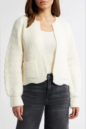 Wit & Wisdom Blouson Sleeve Cable Knit Crop Cardigan in at Nordstrom, Size Large