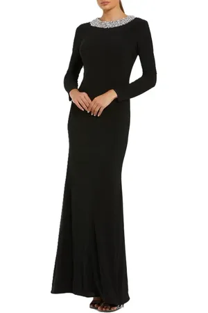 Mac Duggal Jersey Long Sleeve Fitted Gown With Beaded Neck in at Nordstrom, Size X-Large