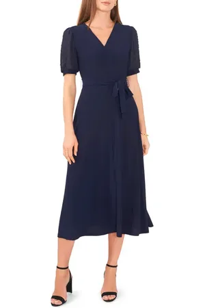 Chaussmoi Clip Dot Puff Sleeve Tie Front Midi Dress in at Nordstrom, Size Small