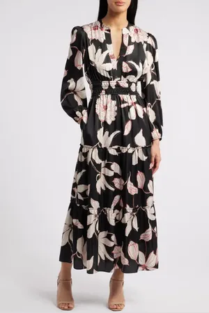 Julia Jordan Floral Long Sleeve Split Neck Dress in at Nordstrom, Size 14