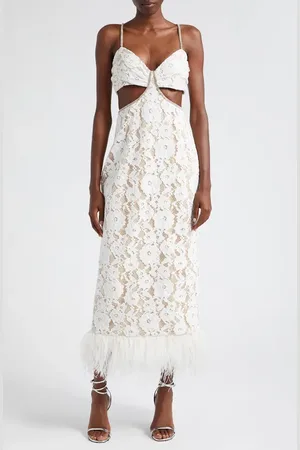 LIKELY Sarah Cutout Lace Feather Trim Maxi Dress in at Nordstrom, Size 0