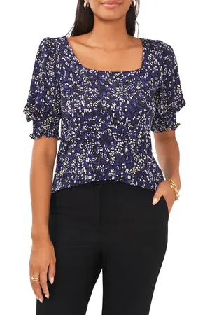 Chaussmoi Leopard Square Neck Smocked Sleeve Blouse in at Nordstrom, Size Small