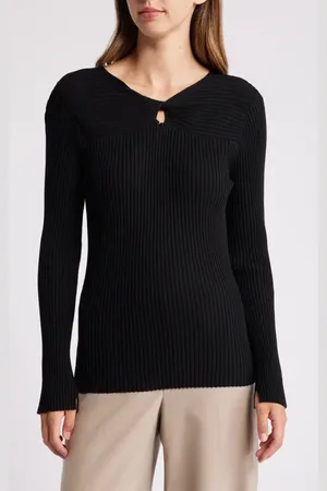 Tahari ASL Twist Neck Cutout Rib Sweater in at Nordstrom, Size Large