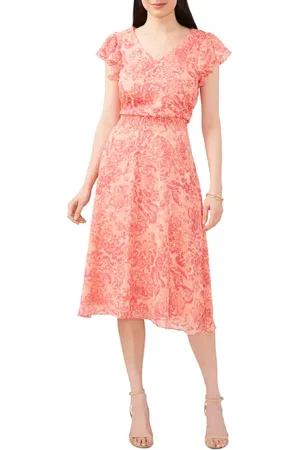 Chaussmoi Floral Metallic Smocked Waist Midi Dress in at Nordstrom, Size Small