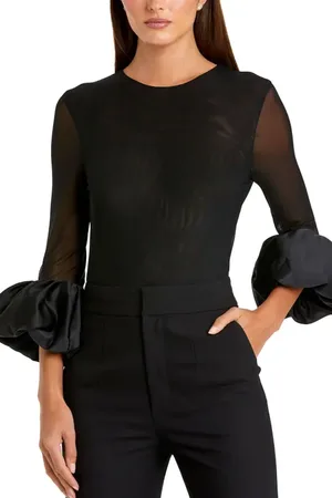 Mac Duggal Mesh Long Sleeve Bodysuit With Satin Puff Sleeves in at Nordstrom, Size X-Small