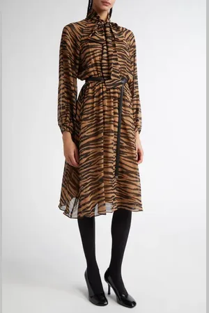 Max Mara Glizia Tiger Stripe Long Sleeve Belted Silk Georgette Midi Shirtdress in at Nordstrom, Size 0