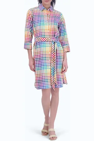 Foxcroft Rocca Rainbow Gingham Tie Waist Shirtdress in at Nordstrom, Size X-Small