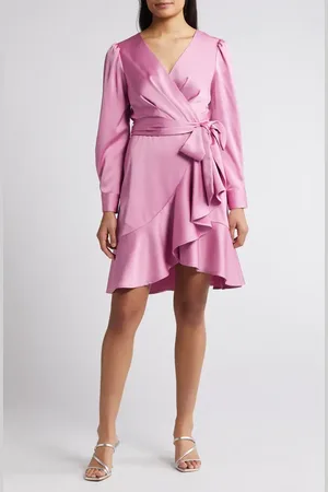 Tahari ASL Wrap Front Long Sleeve Satin Charmeuse Dress in at Nordstrom, Size 4