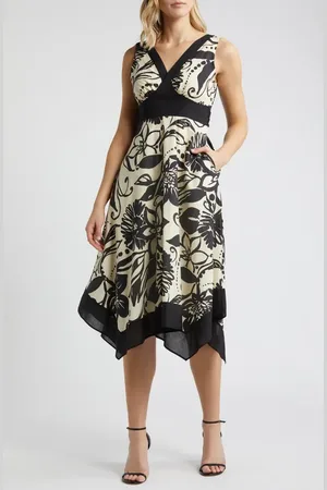 Tahari ASL Floral Handkerchief Hem Cotton Midi Dress in at Nordstrom, Size 2