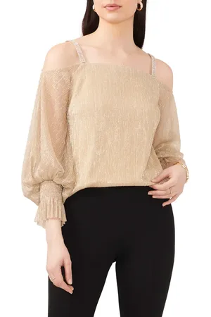 Chaussmoi Rhinestone Cold Shoulder Metallic Blouse in at Nordstrom, Size Large