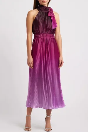 Anne Klein Pleated Tie Neck Midi Dress in at Nordstrom, Size 12