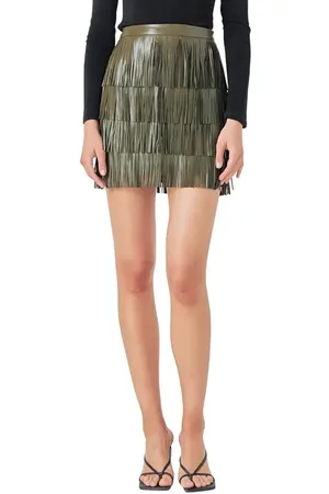 Endless Rose Fringe Tiered Faux Leather Miniskirt in at Nordstrom, Size Medium
