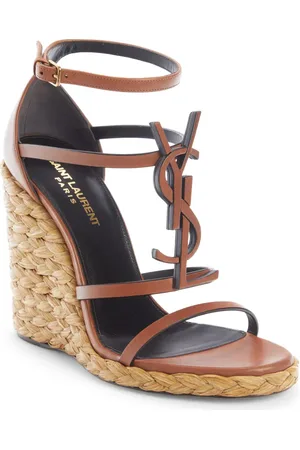 Saint Laurent Cassandra YSL Logo Raffia Wedge Sandal in at Nordstrom, Size 11Us
