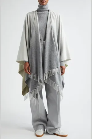 Johnstons Of Elgin Ombr?? Fringe Trim Cashmere Cape in Olive /Grey at Nordstrom