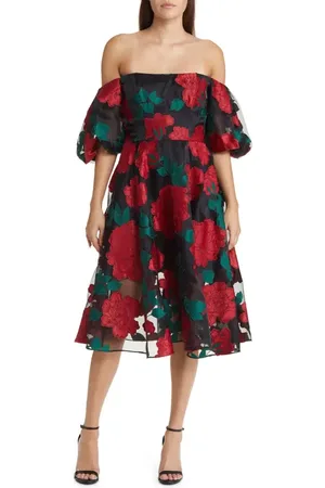 Marchesa Notte Floral Puff Sleeve Off the Shoulder Dress in at Nordstrom, Size 0