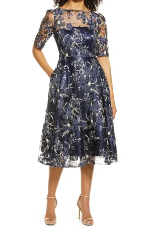 Eliza J Sequin Floral Embroidery Fit & Flare Cocktail Midi Dress in at Nordstrom, Size 4