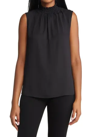 Ming Wang Smocked Mock Neck Sleeveless Blouse in at Nordstrom, Size X-Small