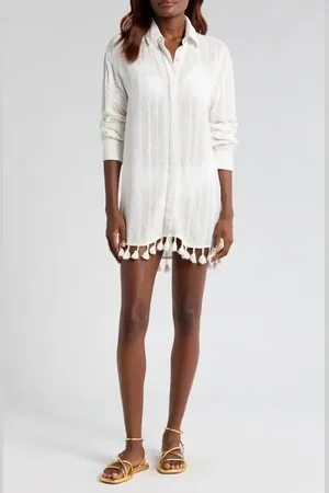 Ramy Brook Roman Metallic Tassel Trim Long Sleeve Semisheer Cover-Up Tunic in at Nordstrom, Size Xx-Large