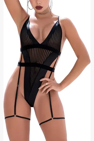 Mapalé Stripe Mesh Thong Teddy & Garter Straps in at Nordstrom, Size Small