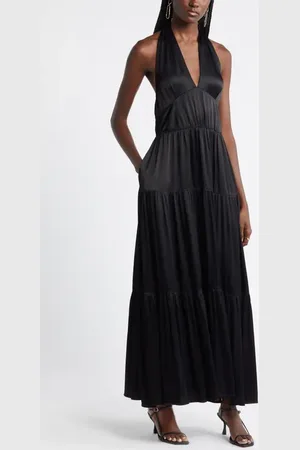 Nordstrom Tiered Satin Halter Maxi Dress in at , Size Large