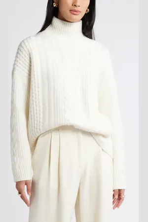 Nordstrom High Low Mock Neck Fisherman Sweater in at , Size Medium
