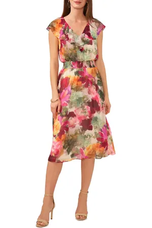Vince Camuto Watercolor Floral Smocked Waist Midi Dress in at Nordstrom, Size Xx-Small
