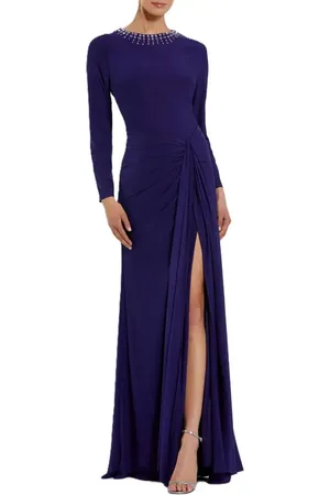 Mac Duggal Long Sleeve Jersey Ruched Gown With Beaded Neck in at Nordstrom, Size Medium