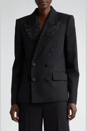 AREA Crystal Embellished Double Breasted Stretch Wool Tuxedo Jacket in at Nordstrom, Size 4