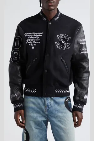 AMIRI X Premier Records Patch Leather Sleeve Wool Blend Varsity Jacket in at Nordstrom, Size 36 Us