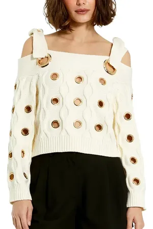 Mac Duggal Off The Shoulder Grommet Cropped Knit Sweater in at Nordstrom, Size Large