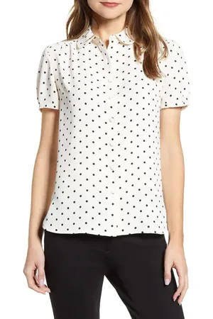 Anne Klein Dot Print Collared Short Sleeve Blouse in at Nordstrom, Size X-Small