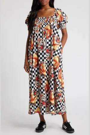 Dressed in Lala Palm Springs Lion Print Smocked Maxi Dress in at Nordstrom, Size Medium