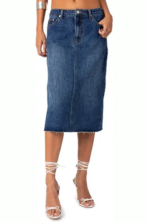 Edikted Mirah Raw Hem Denim Midi Skirt in at Nordstrom, Size X-Small