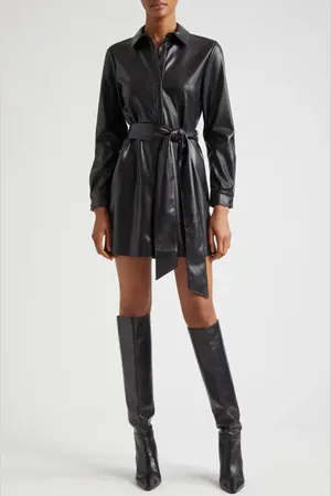 ALICE+OLIVIA Chassidy Belted Faux Leather Shirtdress in at Nordstrom, Size Large